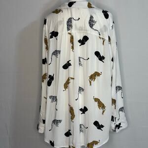 Como Blu Tiger Cat Print Button Up Blouse White 2X